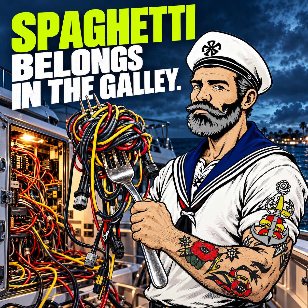 Illustrated Sparky holds a giant fork tangled with electrical cables beside a yacht cabinet. Headline: Spaghetti belongs in the galley.