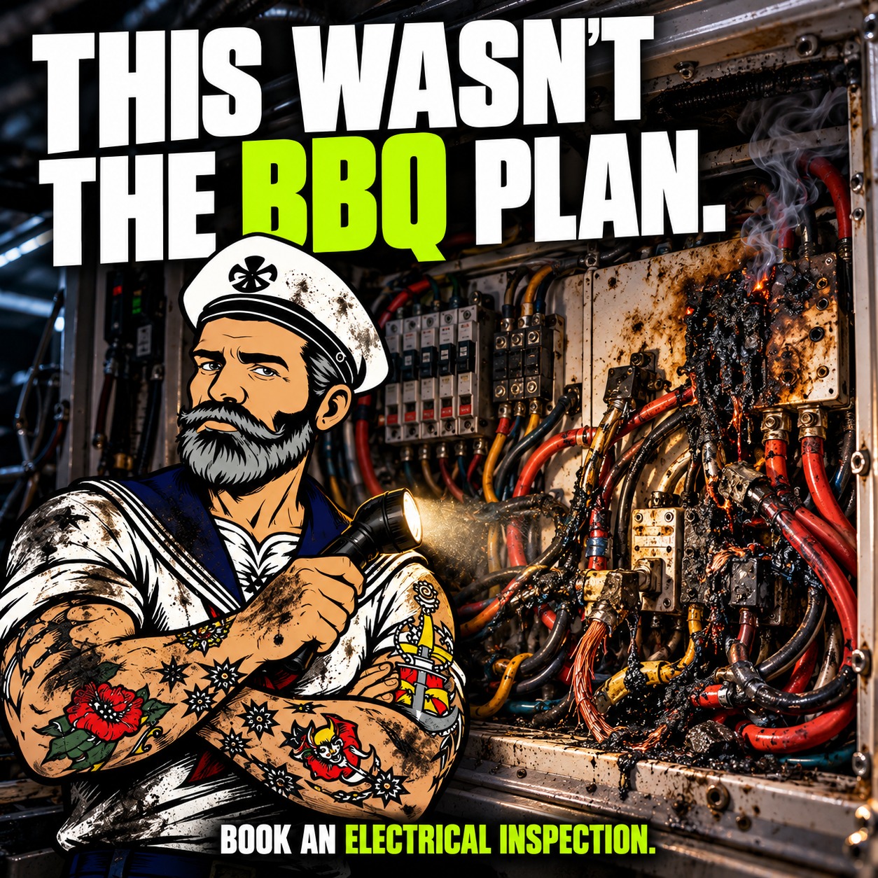 Soot-stained Sparky shines an inspection torch at scorched, melted boat wiring. Headline: This wasn't the BBQ plan. Bottom line: Book an electrical inspection.