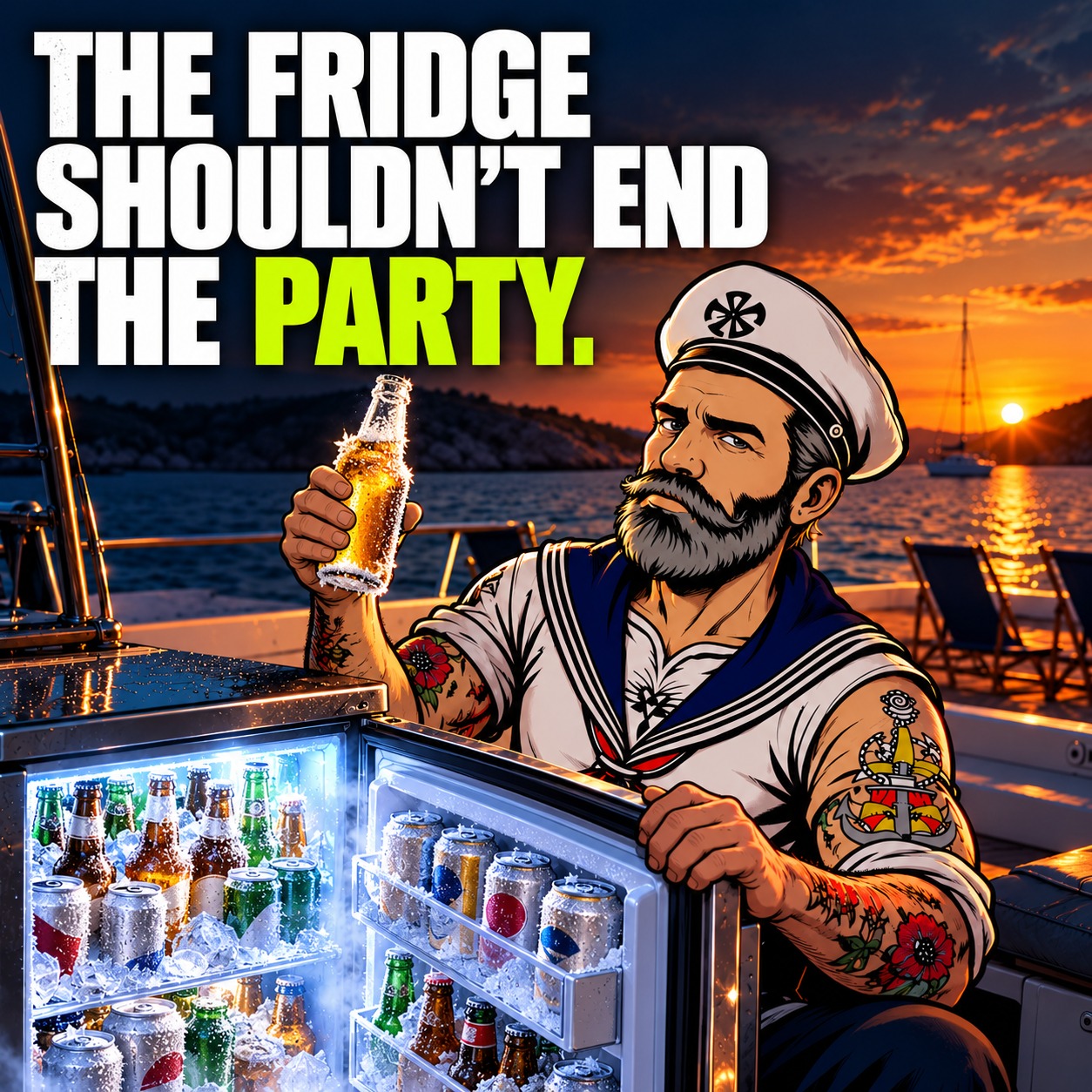 Sparky holds a frosted beer bottle beside a fridge packed with ice-cold beers, condensation and ice. No battery appears. Headline: The fridge shouldn't end the party.