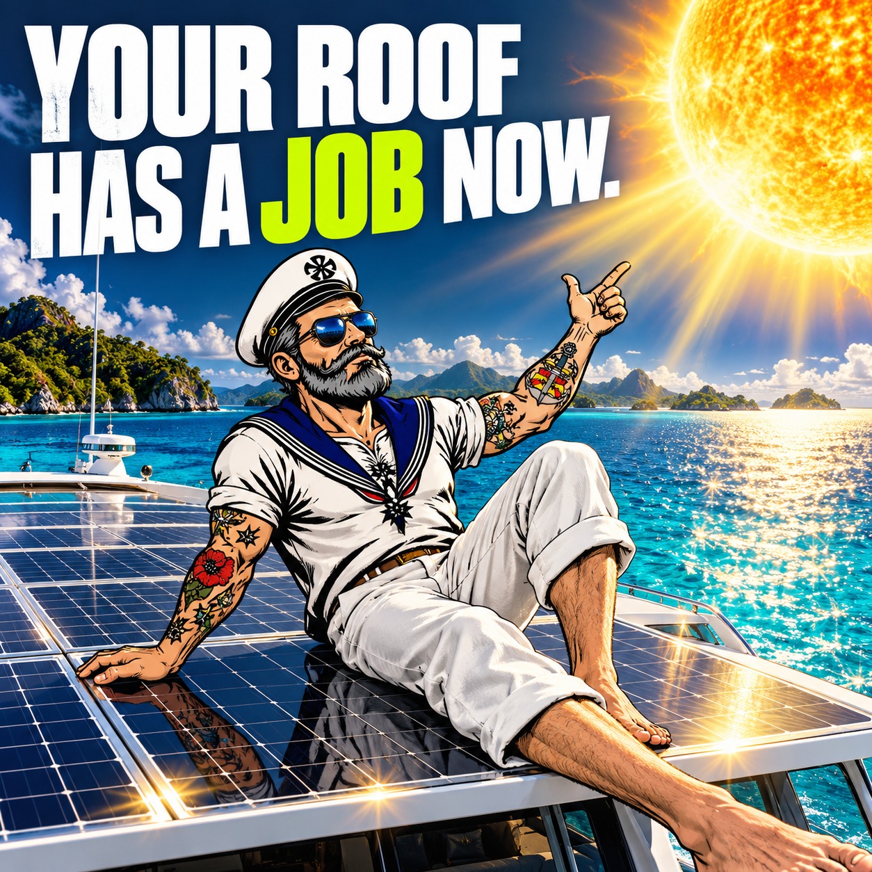 Sparky lounges above a catamaran's solar panels, gesturing to an oversized sun. Headline: Your roof has a job now.