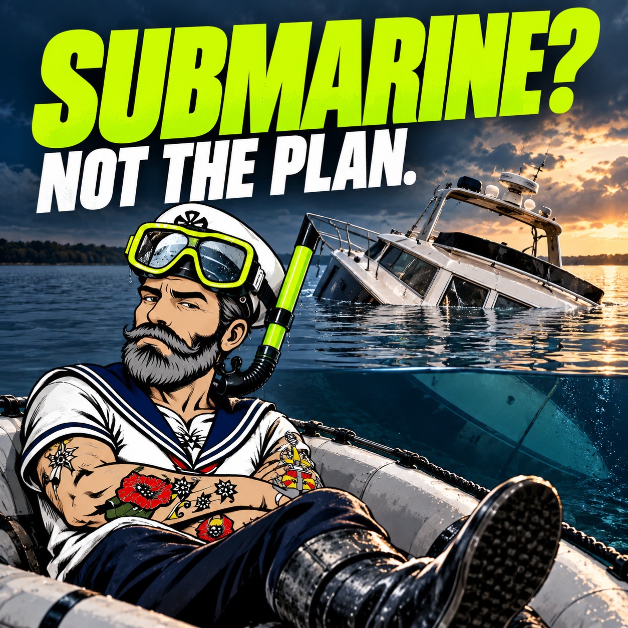Sparky wears a snorkel mask in a dry tender near a fictional partly sunken boat. Headline: Submarine? Not the plan.