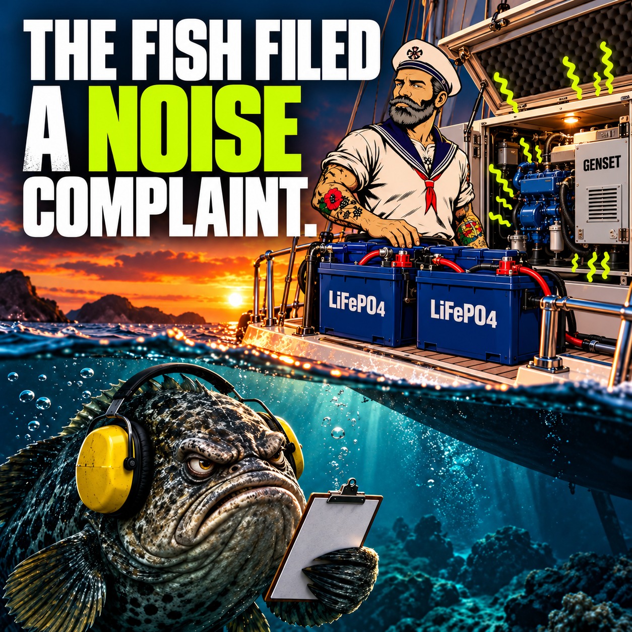 A grumpy fish wears ear defenders below a boat with a clearly labelled genset and two labelled LiFePO4 batteries beside Sparky. Headline: The fish filed a noise complaint.