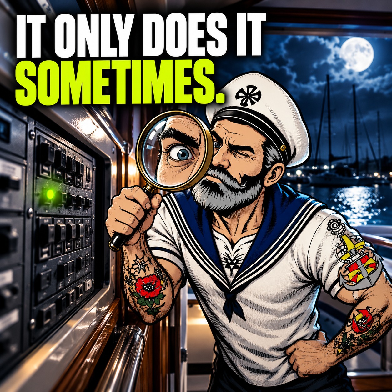 Sparky inspects a yacht switchboard with a giant magnifying glass. Headline: It only does it sometimes.