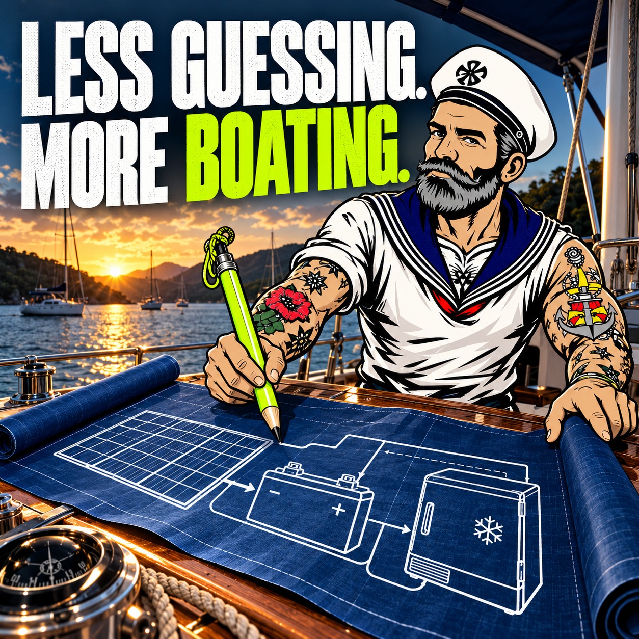 Sparky uses a giant green pencil to plan a battery system on a boat's chart table. Headline: Less guessing. More boating.