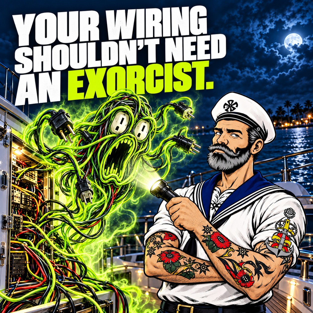 Sparky faces a glowing ghost made from tangled boat wiring. Headline: Your wiring shouldn't need an exorcist.
