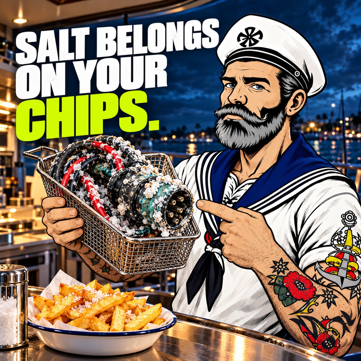 Sparky presents a basket of salt-encrusted marine connectors beside a plate of chips. Headline: Salt belongs on your chips.