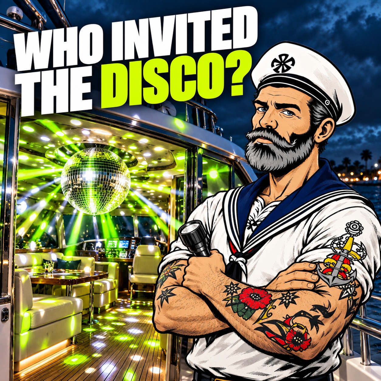 Sparky looks unimpressed by a boat cabin transformed into a disco. Headline: Who invited the disco?