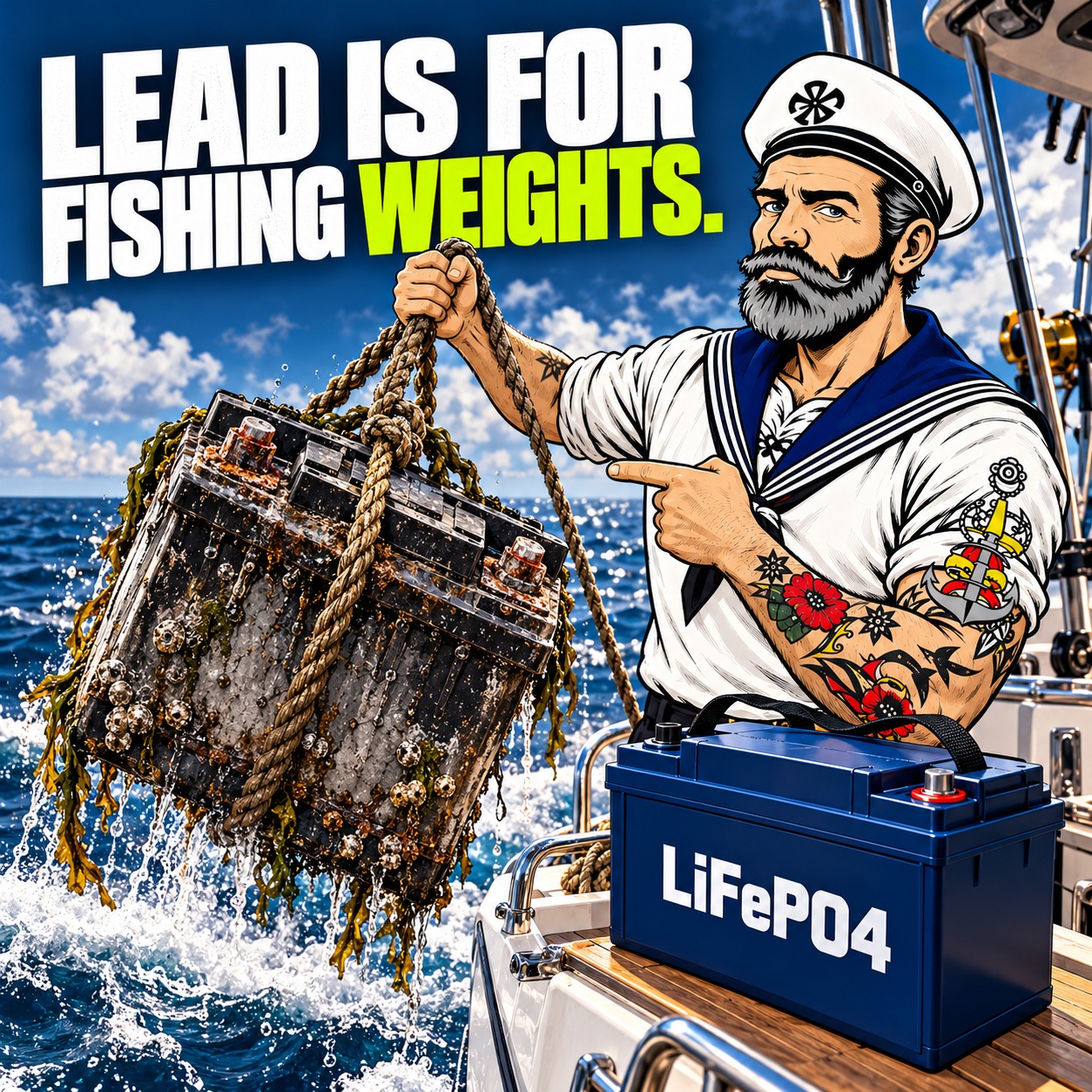 Sparky retrieves an absurd oversized old battery beside a compact blue LiFePO4 battery. Headline: Lead is for fishing weights.