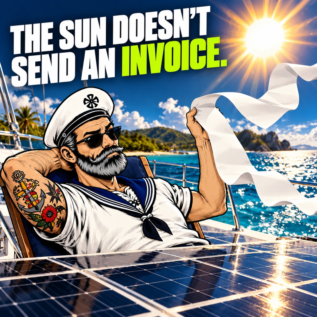 Sparky relaxes beside solar panels holding a long blank invoice. Headline: The sun doesn't send an invoice.