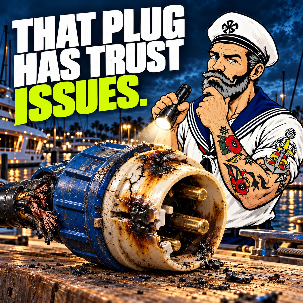 Sparky inspects an exaggerated heat-damaged shore-power plug on a dry bench. Headline: That plug has trust issues.