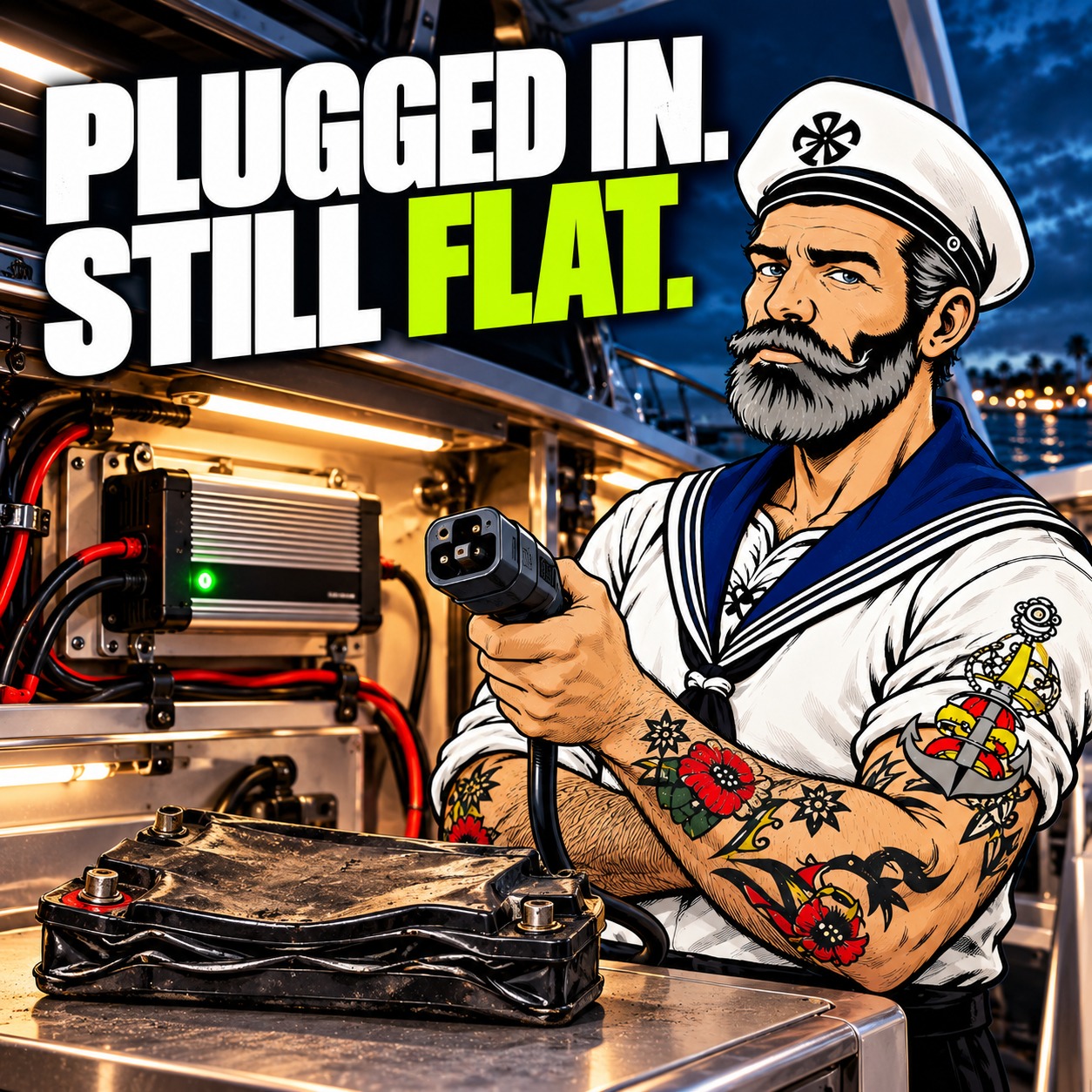 Sparky holds a disconnected charger plug beside a comically flat battery. Headline: Plugged in. Still flat.