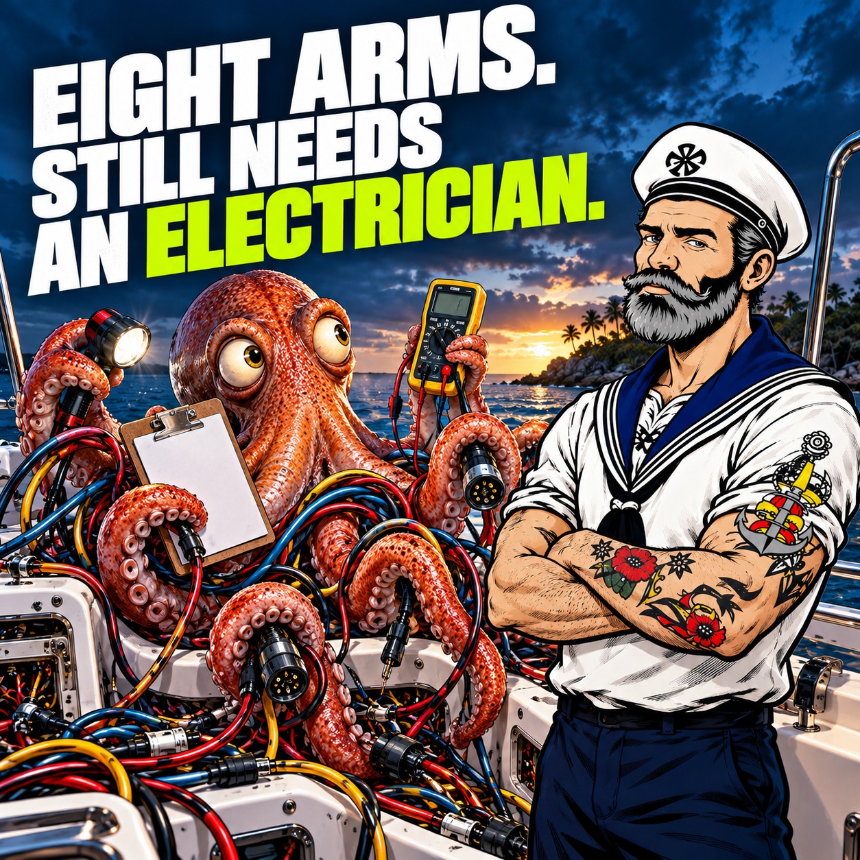 A confused octopus holds cables and tools as Sparky watches. Headline: Eight arms. Still needs an electrician.