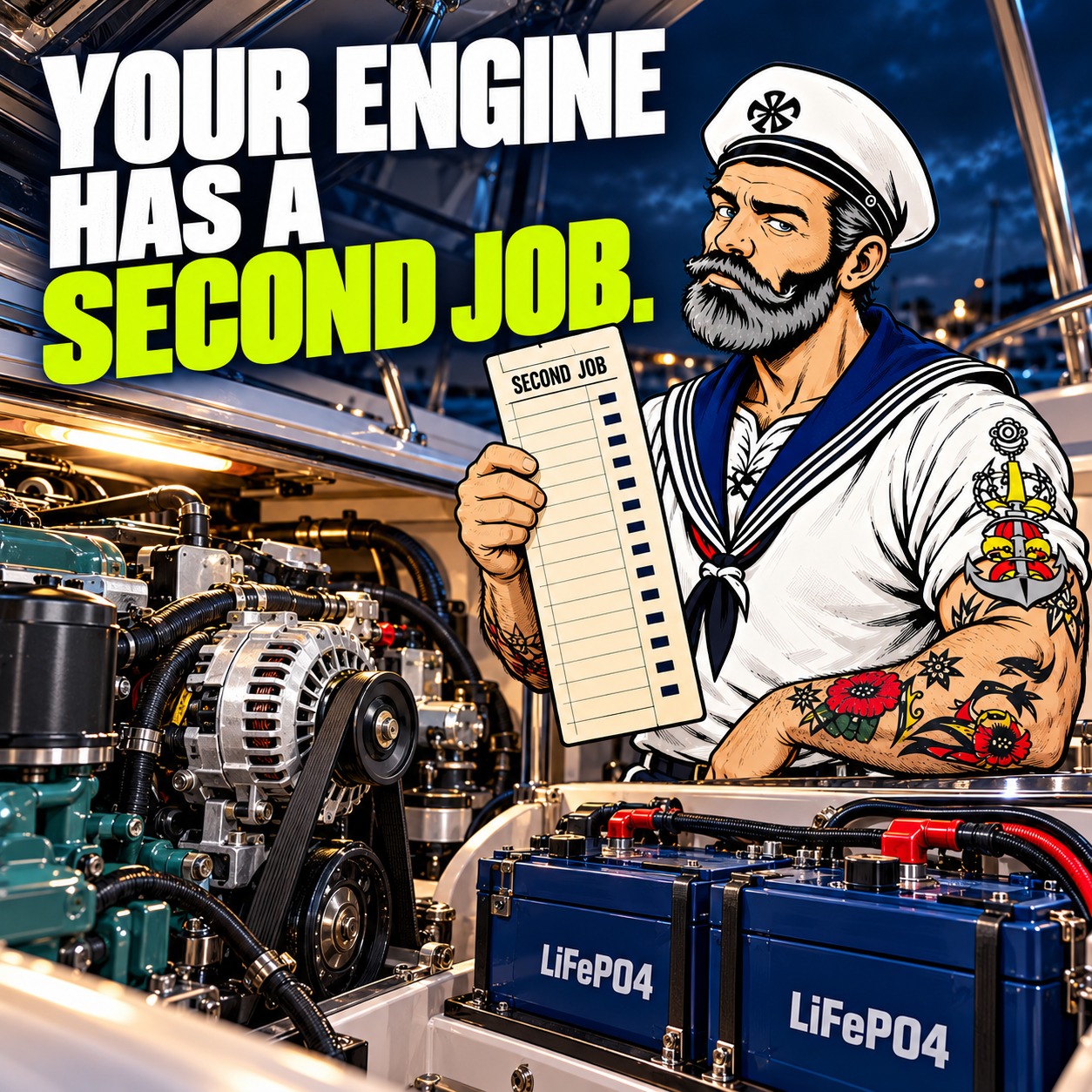 Sparky holds a time card beside a marine engine alternator and two blue LiFePO4 batteries. Headline: Your engine has a second job.