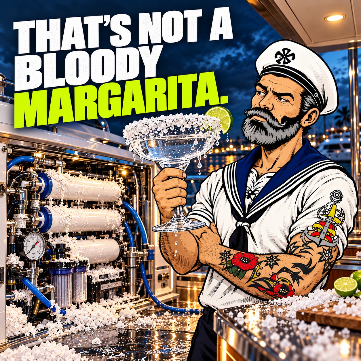 Bearded Sparky holds a glass with an absurd crust of salt beside a faulty marine watermaker. Headline: That's not a bloody margarita.