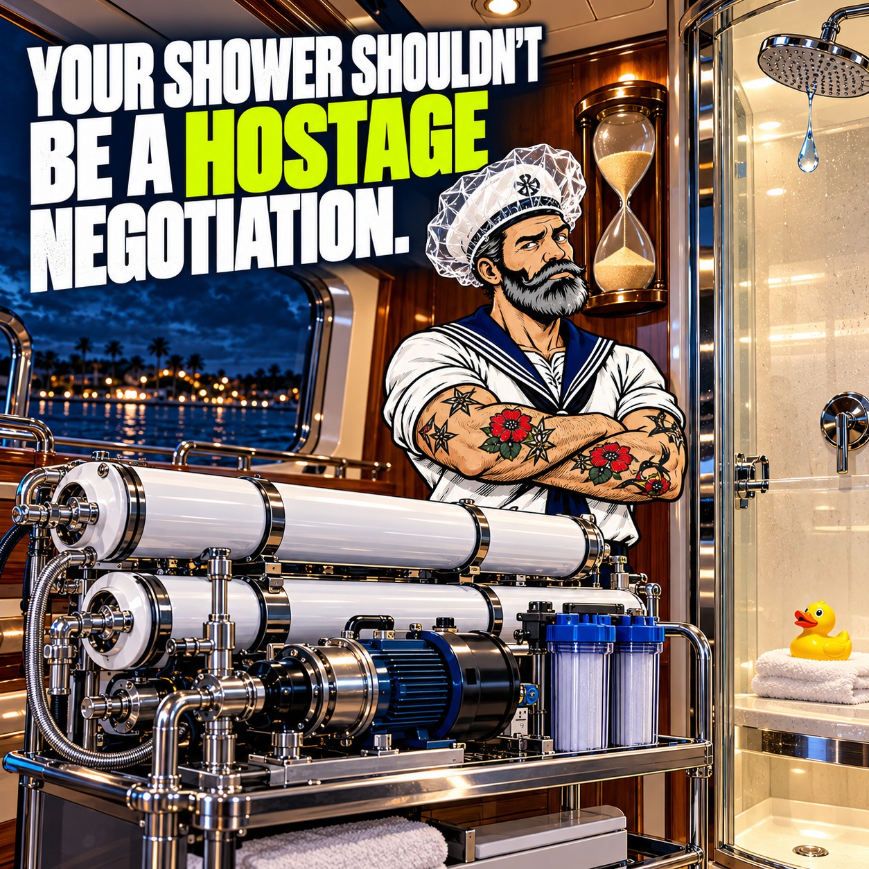Sparky wears a shower cap over his captain hat beside a shower releasing one droplet and a new AC watermaker. Headline: Your shower shouldn't be a hostage negotiation.