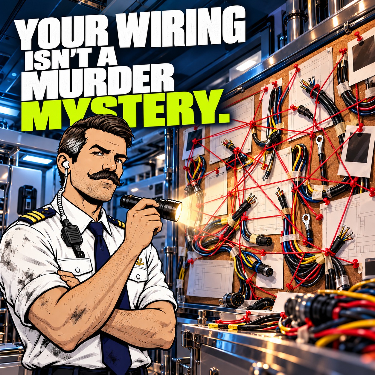 Moustached officer Sparky examines yacht wiring on a red-string investigation board. Headline: Your wiring isn't a murder mystery.