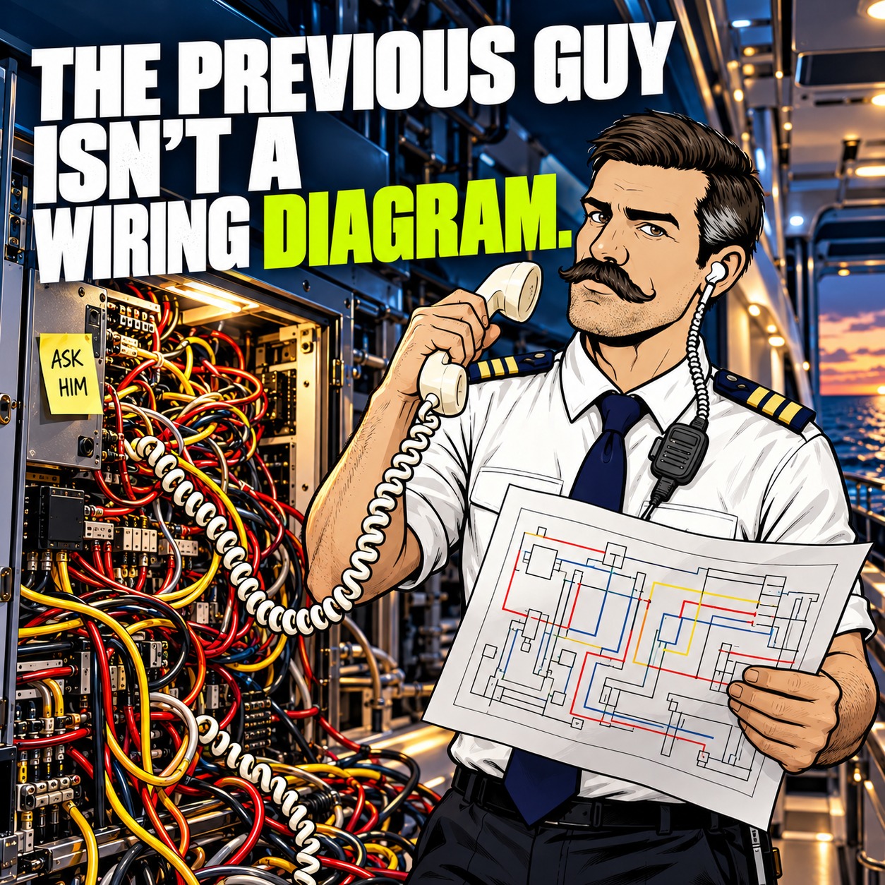 Officer Sparky holds a telephone and circuit drawing beside a tangled cabinet labelled Ask him. Headline: The previous guy isn't a wiring diagram.