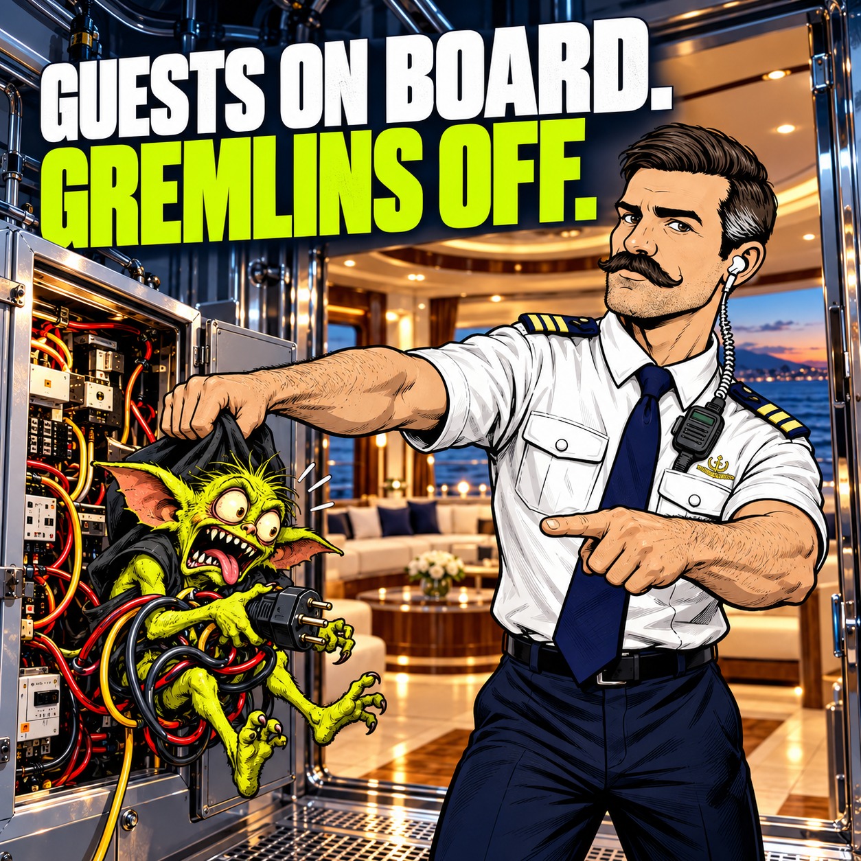 Officer Sparky evicts a small green gremlin from a yacht electrical cabinet. Headline: Guests on board. Gremlins off.