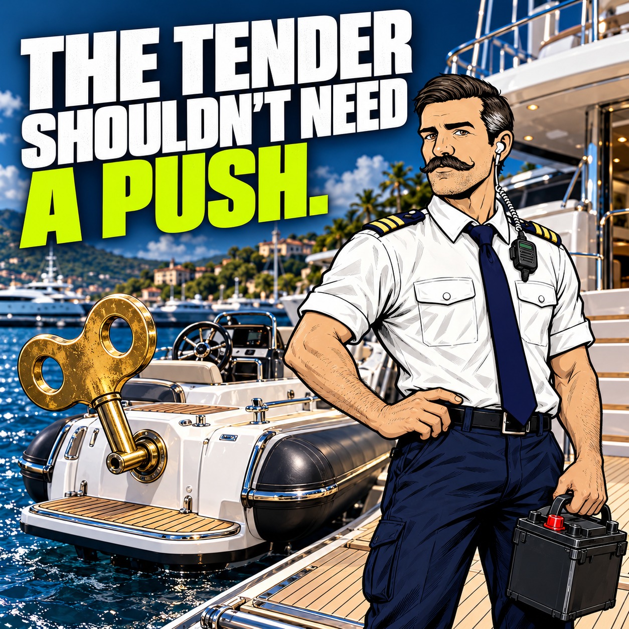 Officer Sparky holds a battery beside a tender with an absurd wind-up toy key. Headline: The tender shouldn't need a push.