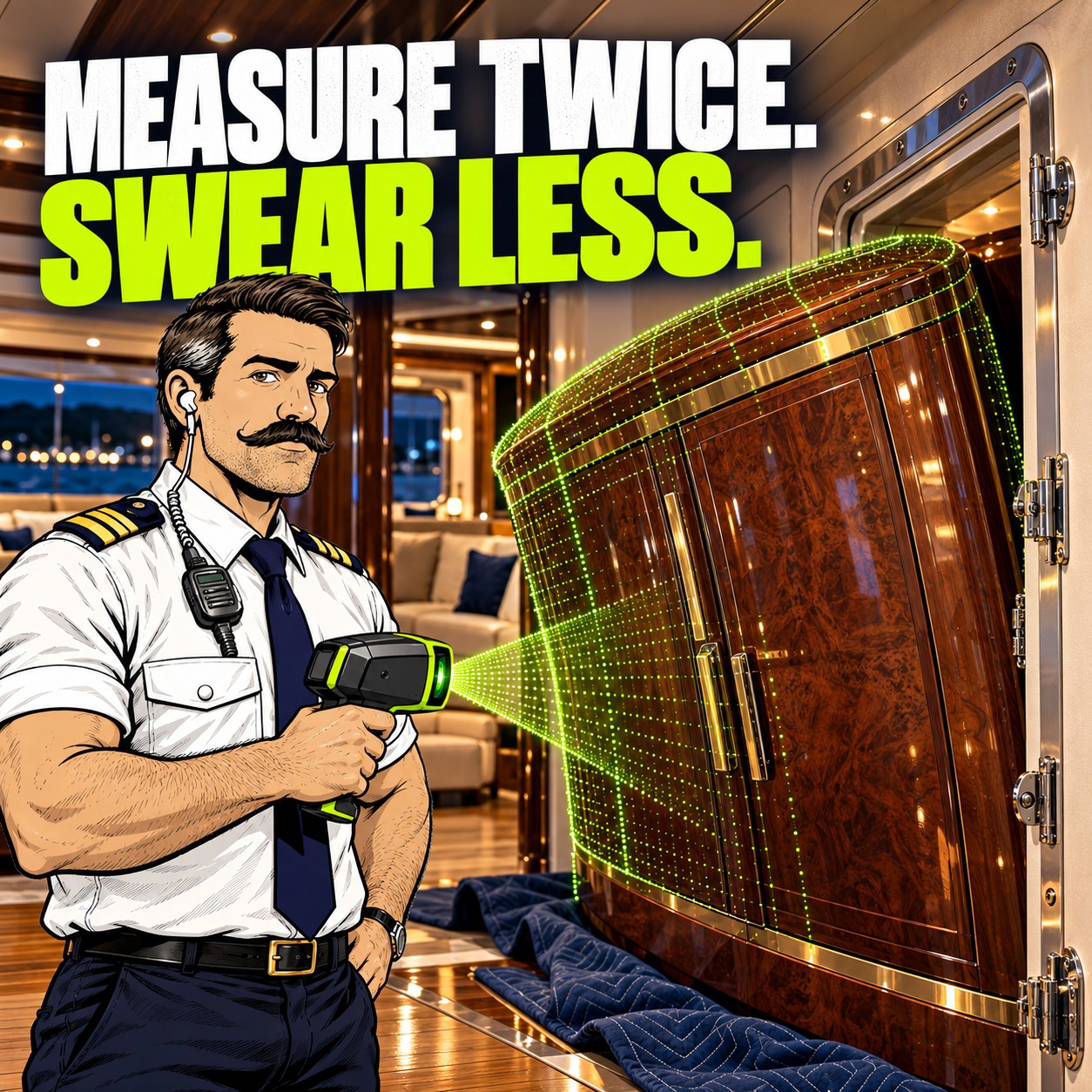 Officer Sparky scans a large cabinet awkwardly wedged at a superyacht hatch. Headline: Measure twice. Swear less.