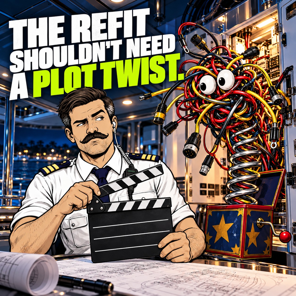 Officer Sparky holds a clapperboard beside a surprise cable creature springing from a cabinet. Headline: The refit shouldn't need a plot twist.