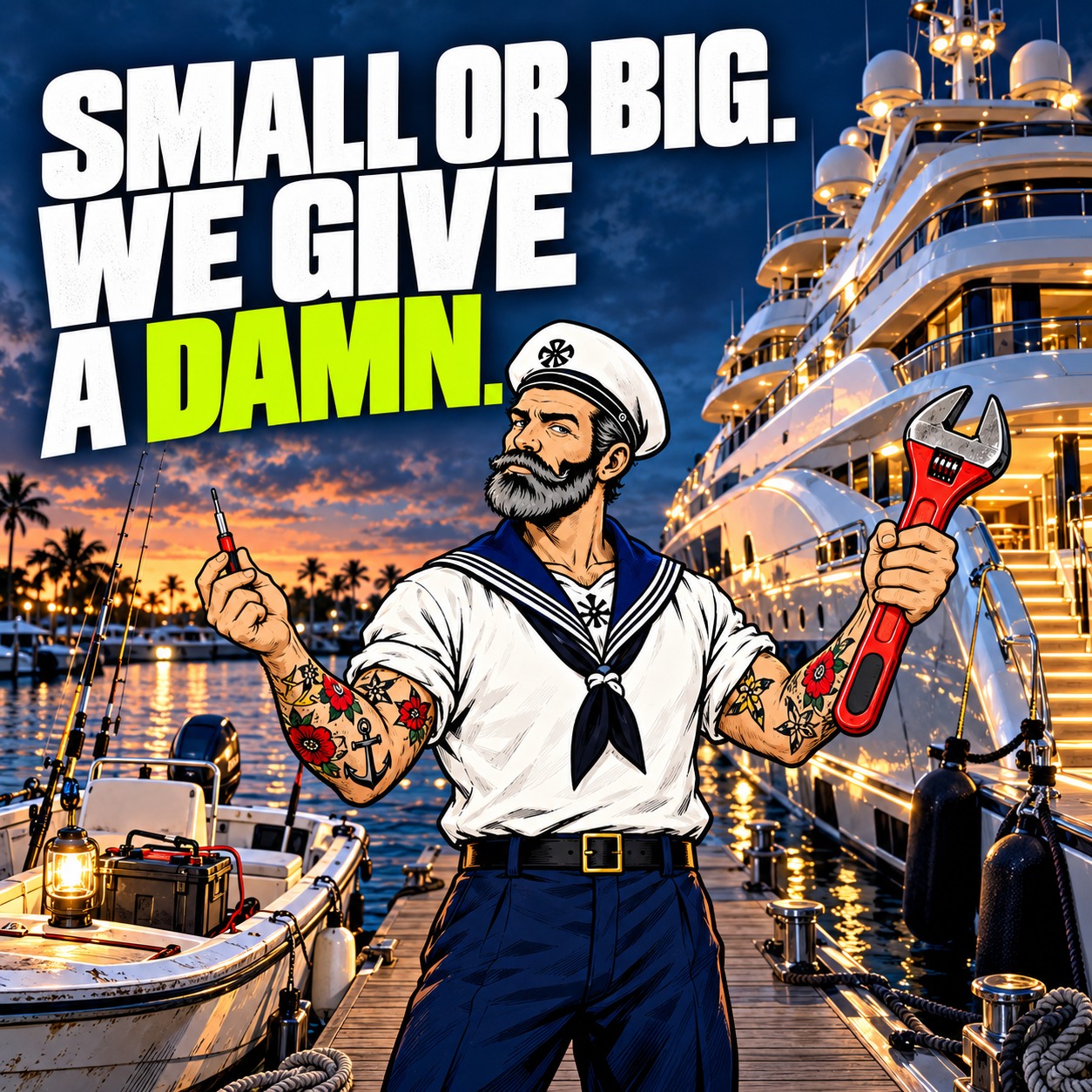 Bearded Sparky stands between a small fishing boat and an enormous yacht, holding small and large tools. Headline: Small or big. We give a damn.