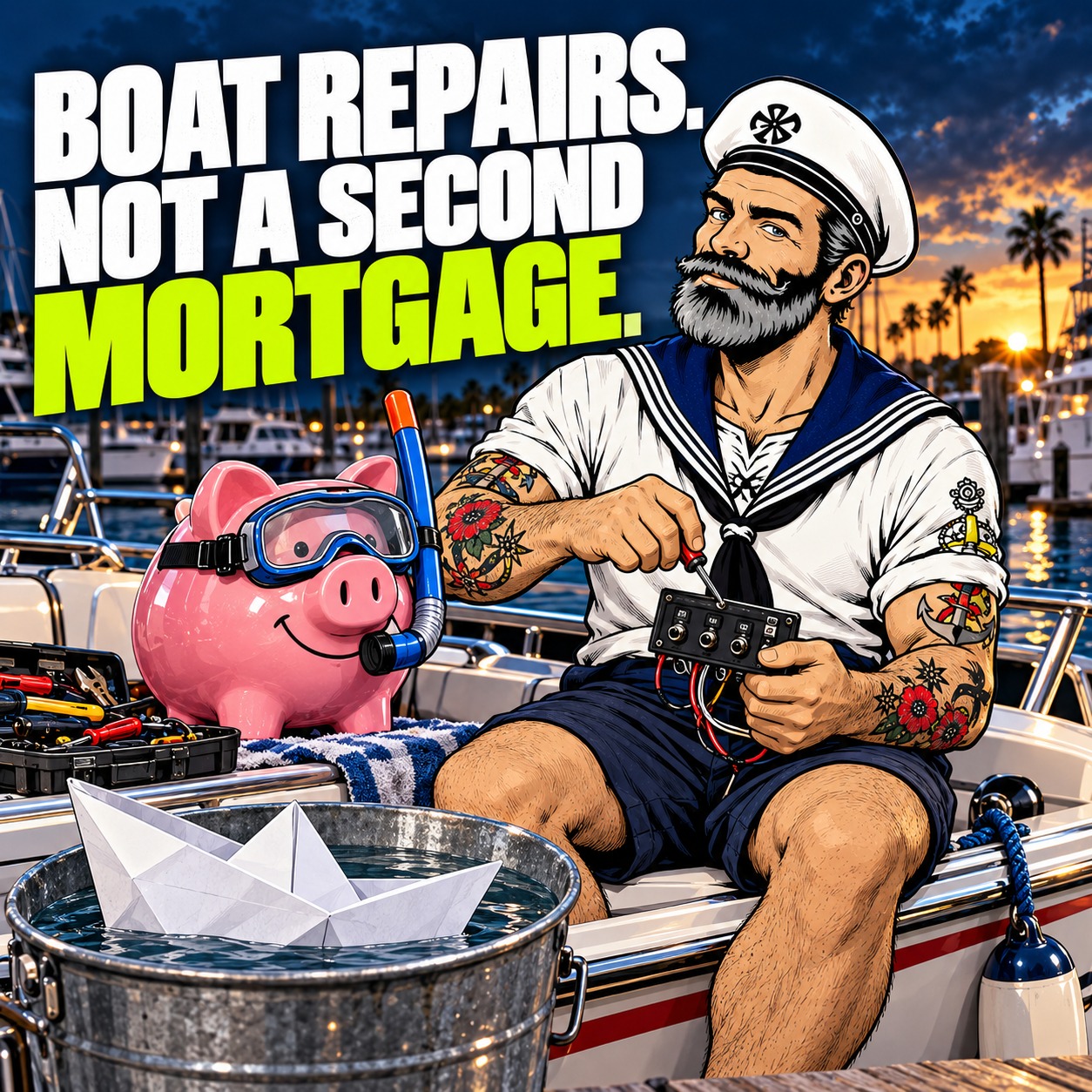 Sparky repairs a small disconnected switch panel beside an intact smiling piggy bank wearing a snorkel. Headline: Boat repairs. Not a second mortgage.