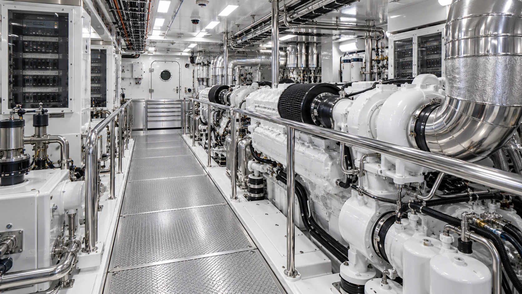 Illustrative monochrome superyacht engine room