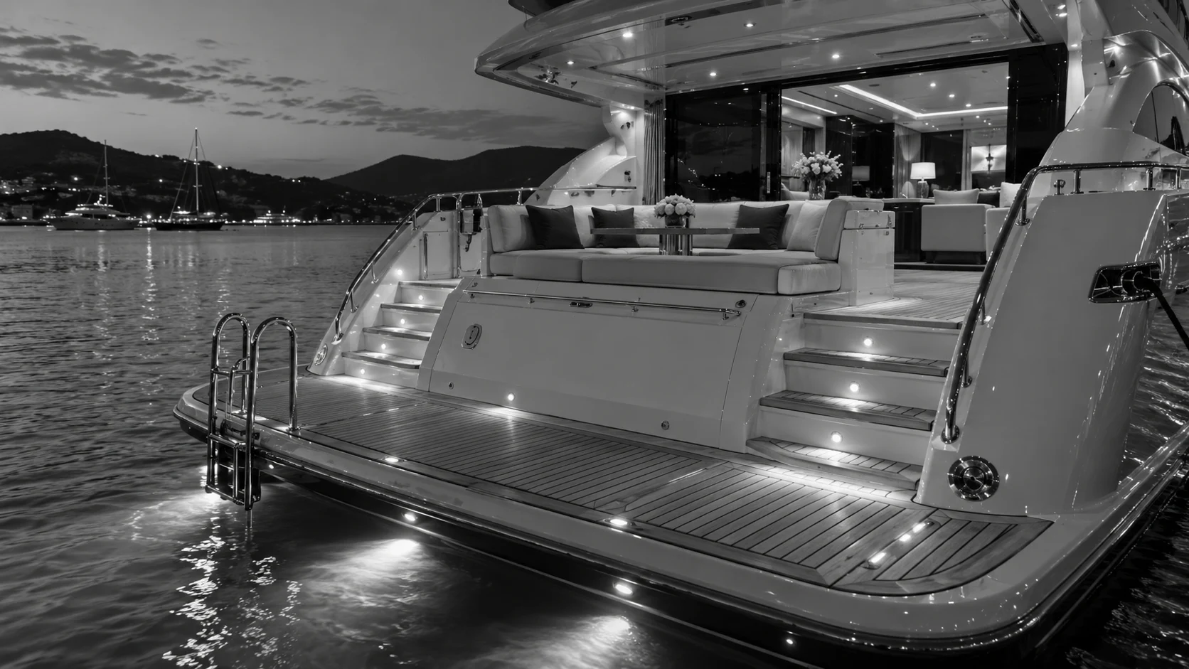 Illustrative monochrome Yacht courtesy lighting and deck finishes