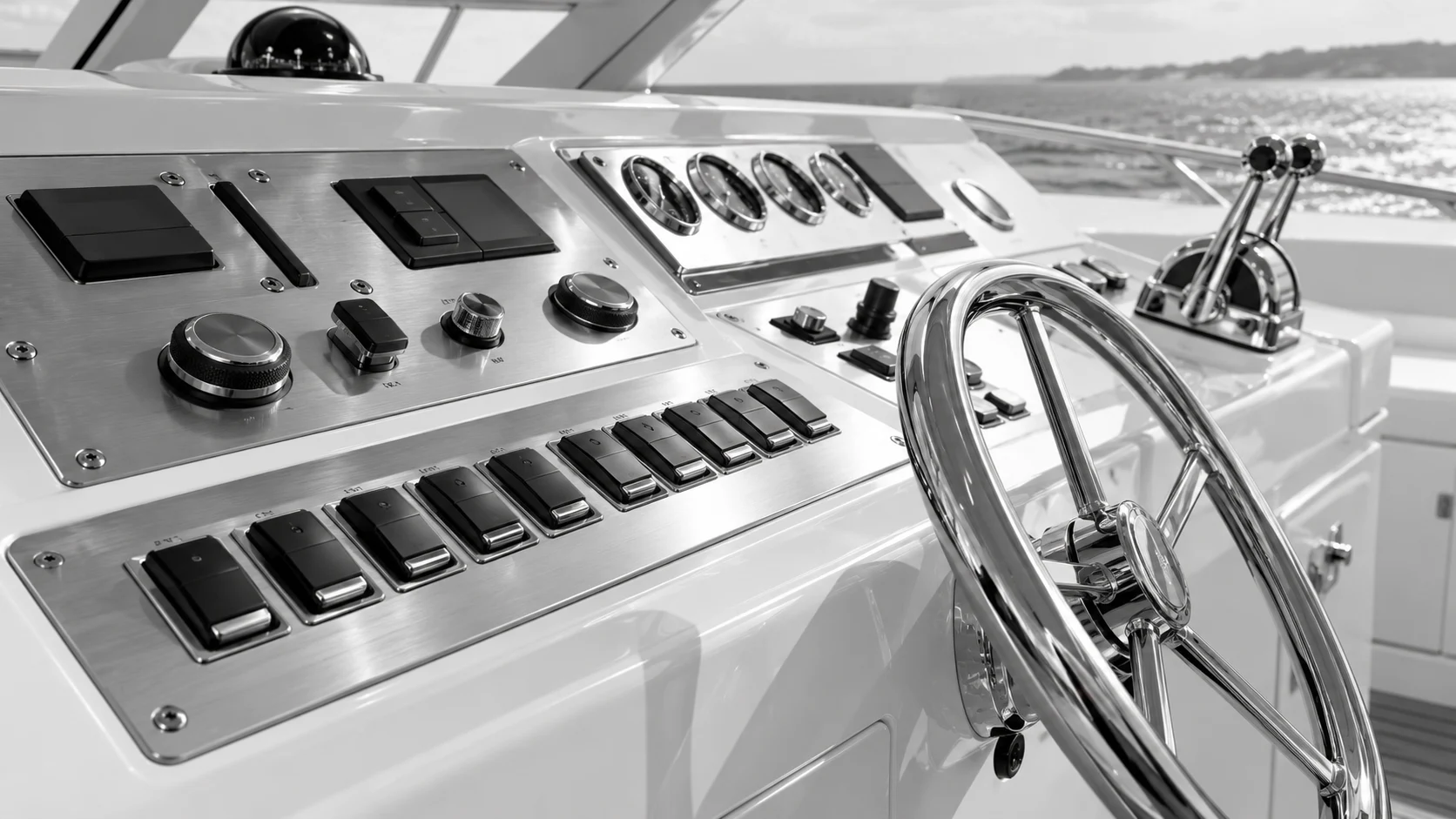 Illustrative monochrome Yacht helm panels and controls