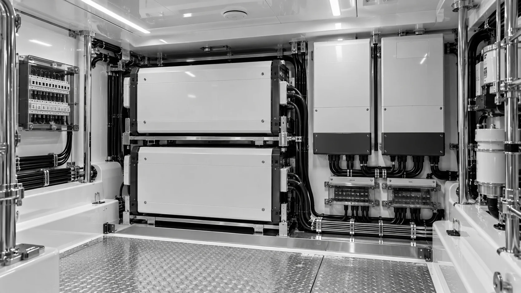 Illustrative monochrome Marine batteries and onboard power
