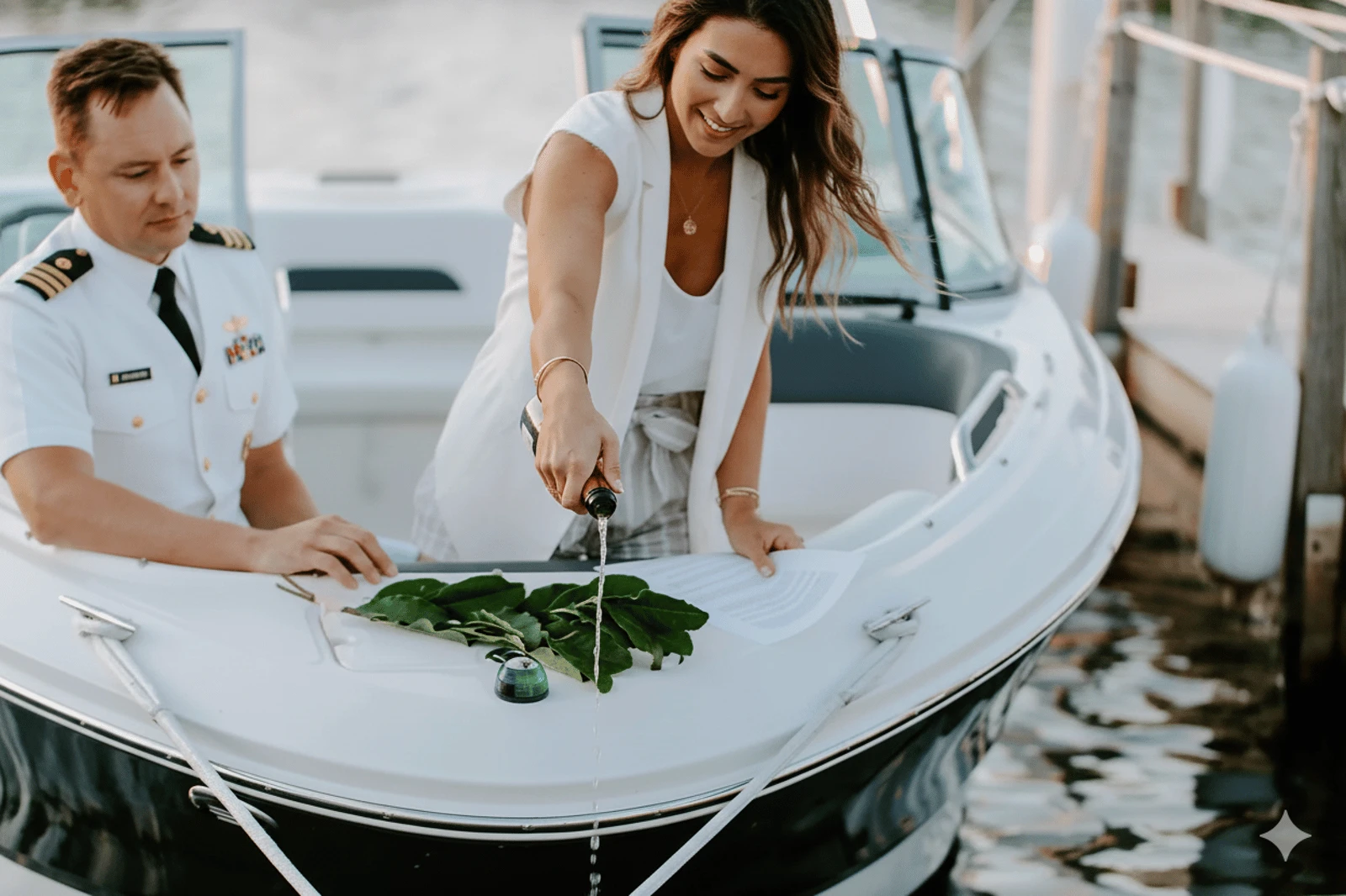 A boat christening with an officiant and champagne