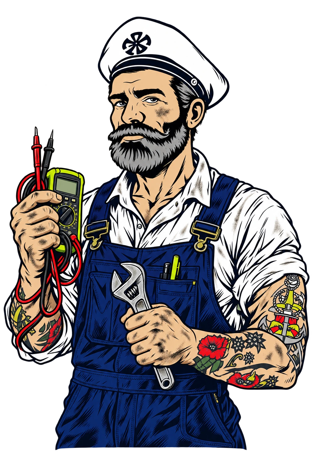 Sparky as a working marine electrical engineer with a multimeter and spanner