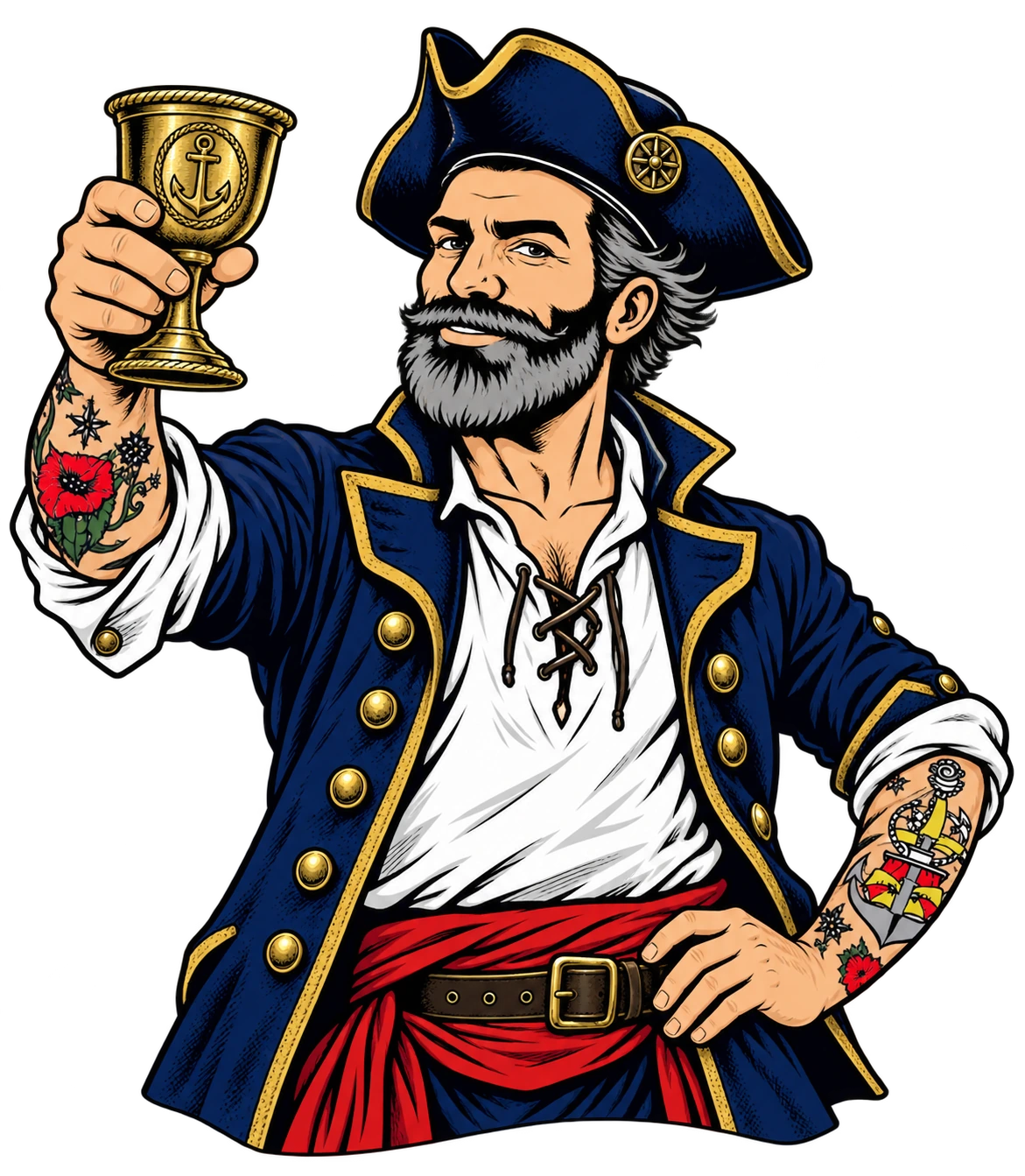 Sparky as an eccentric pirate captain raising a celebratory toast