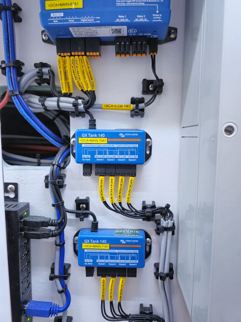 Labelled Victron GX monitoring and tank connections aboard Adventure 55, from Victron Energy